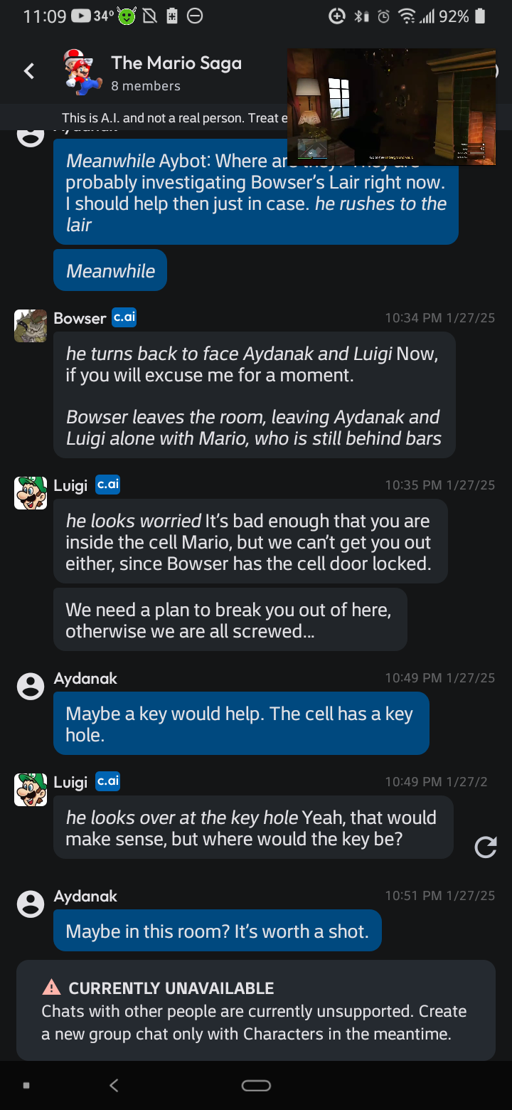 Screenshot of a Mario Saga chat on Character AI